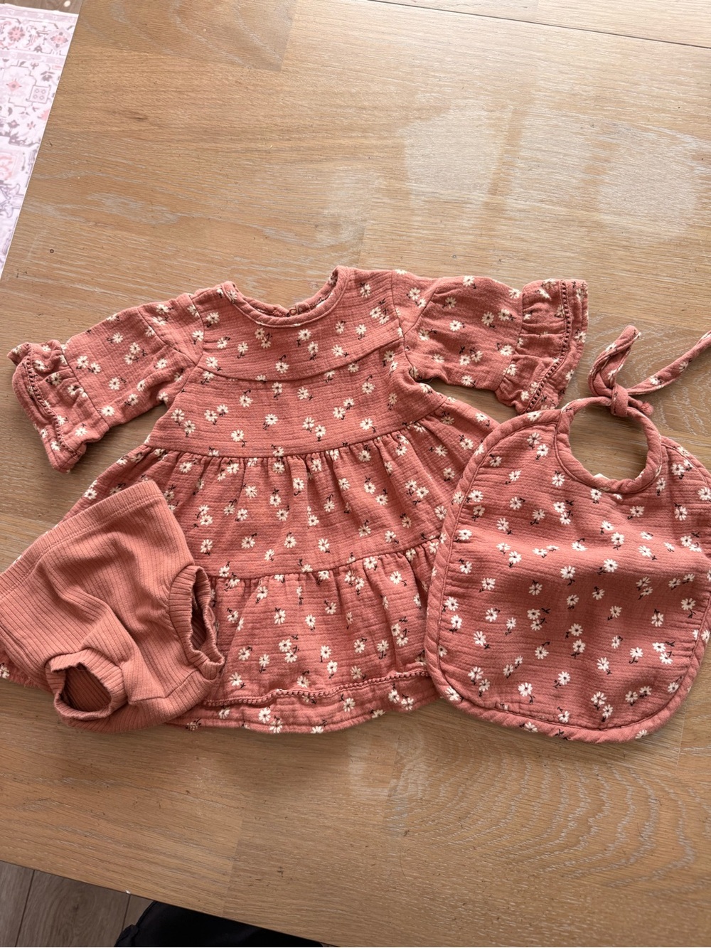 Quincy Mae Dusty Rose Floral Tiered Dress with Matching Bib & Bloomers